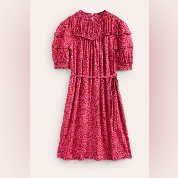NWT Boden Yoke Ruffle Detail Puff Mocked Sleeve Jersey Mini Pink Dress Size 8 - Picture 7 of 13